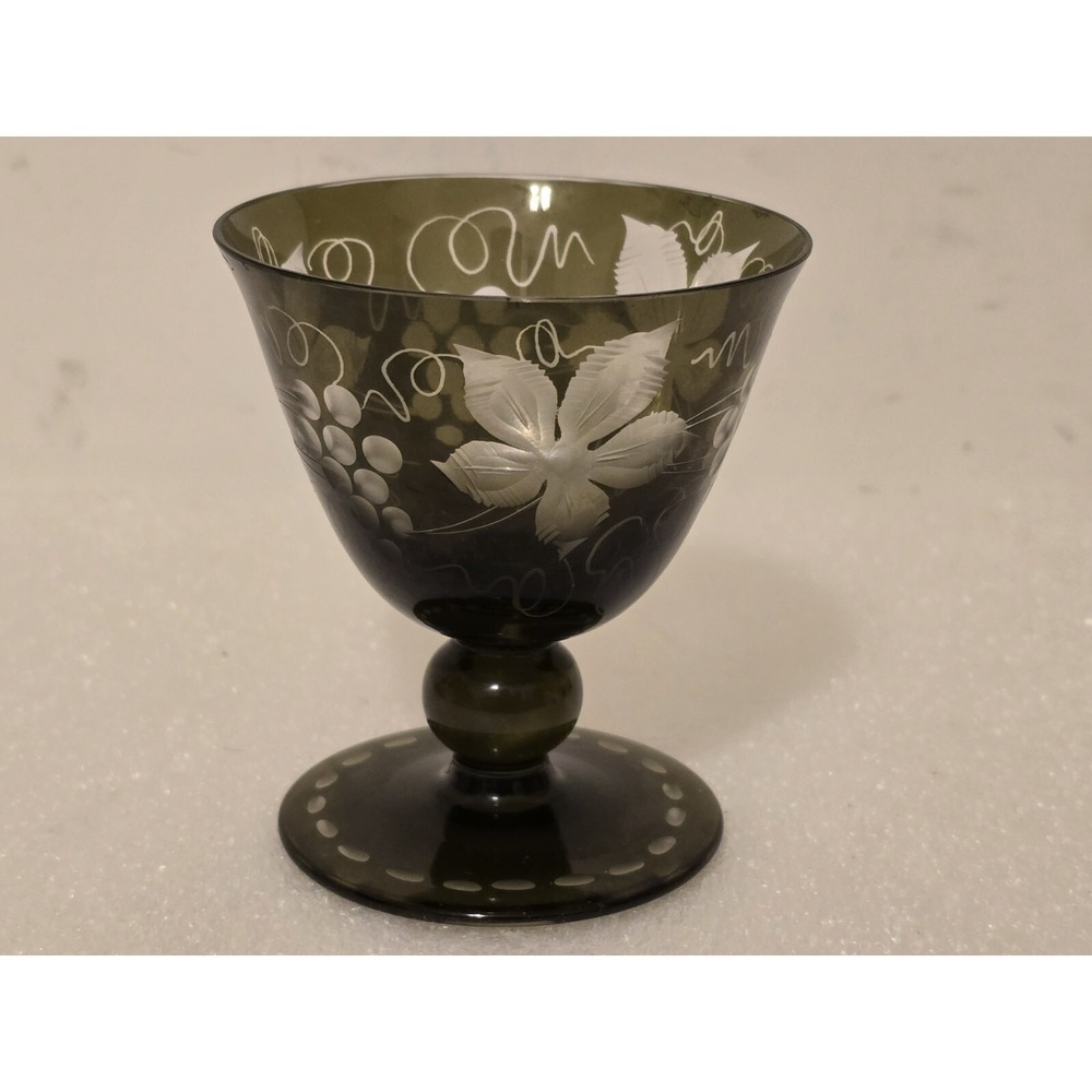 Bohemian Glass Czech Republic Glass Cup Green Grapes Flower Cut To Clear